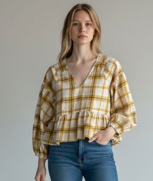 Boho Plaid Flannel Peplum Blouse Balloon Sleeve Cream Mustard Altard State S